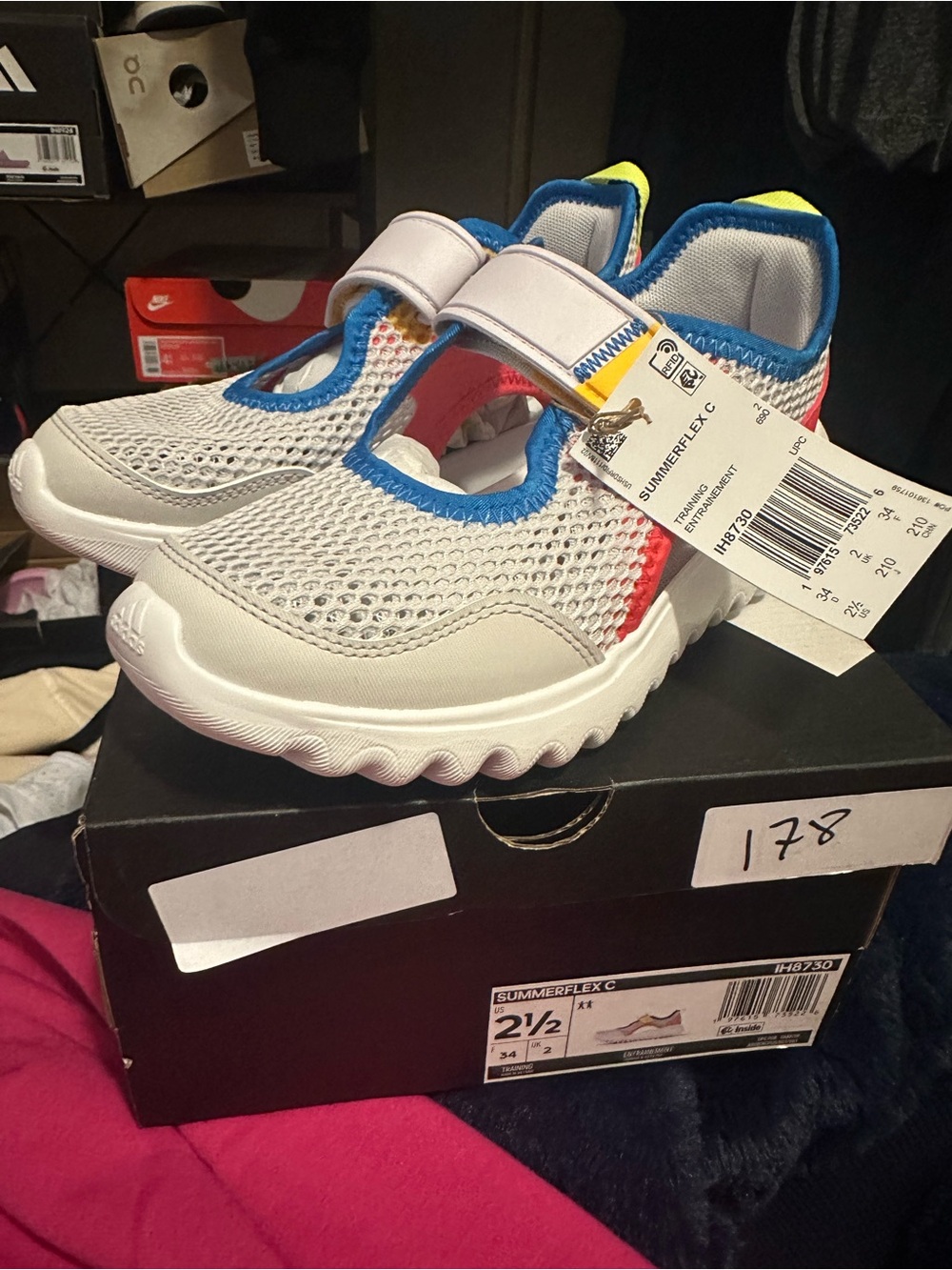 adidas Unisex Kids Gray Mesh Water Shoes with Blue and Red Accents